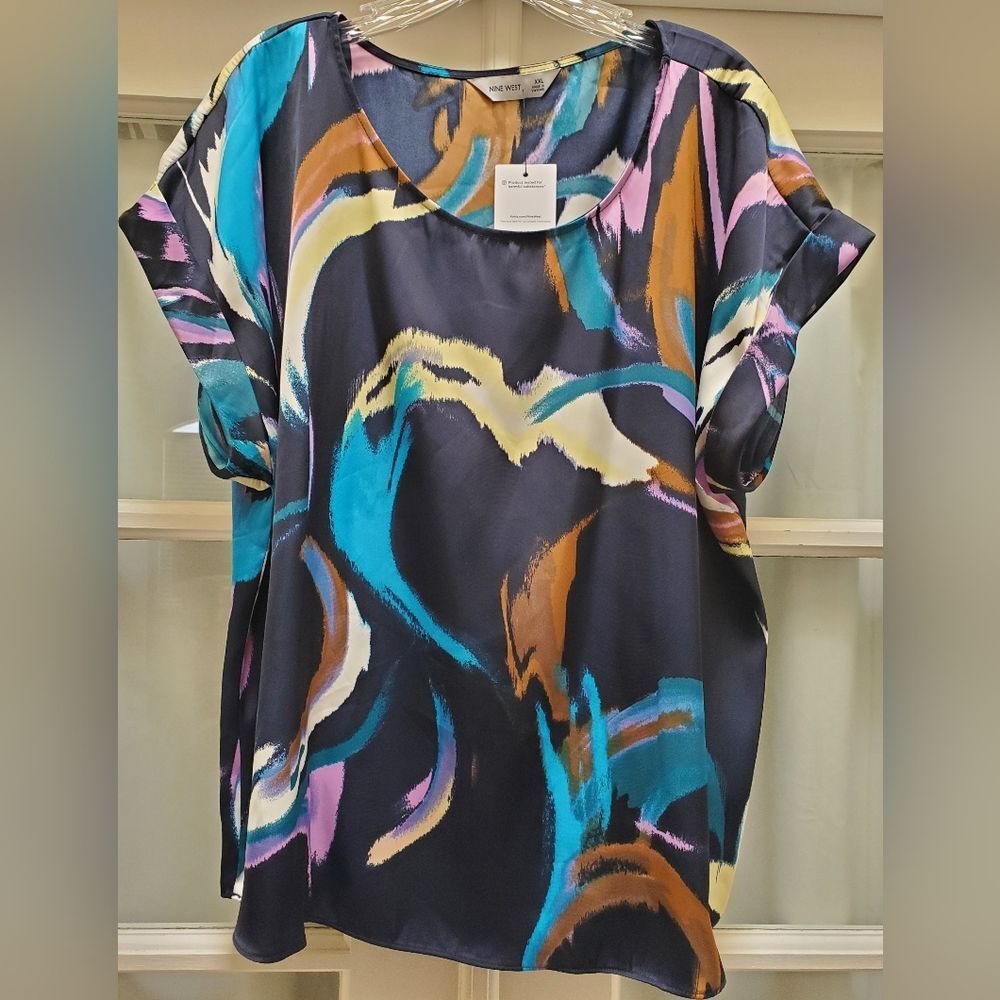 NWT Women's Nine West Multicolor Abstract Print Flutter Sleeve Top - Size XXL